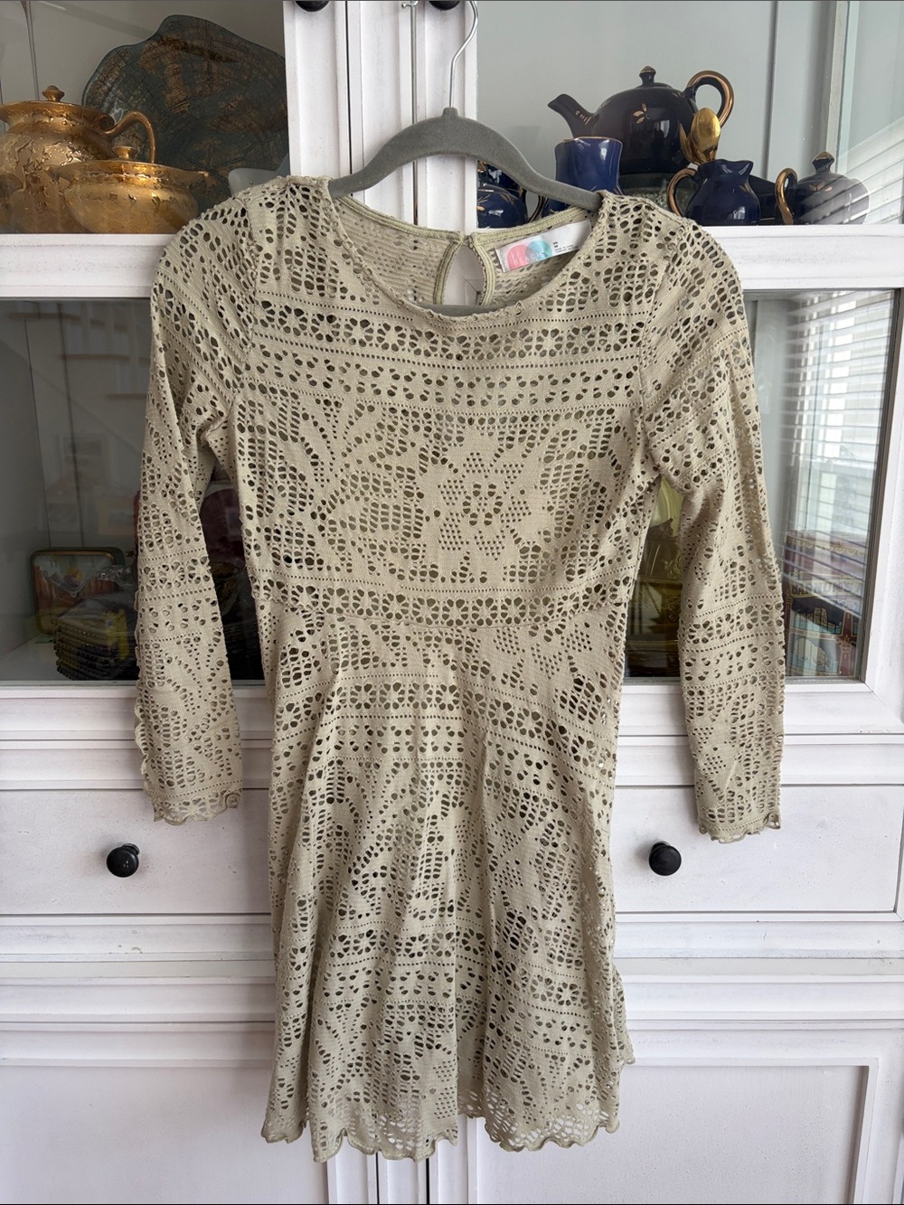 FP Beach Lace Knit Long Sleeve Dress - lt olive color.